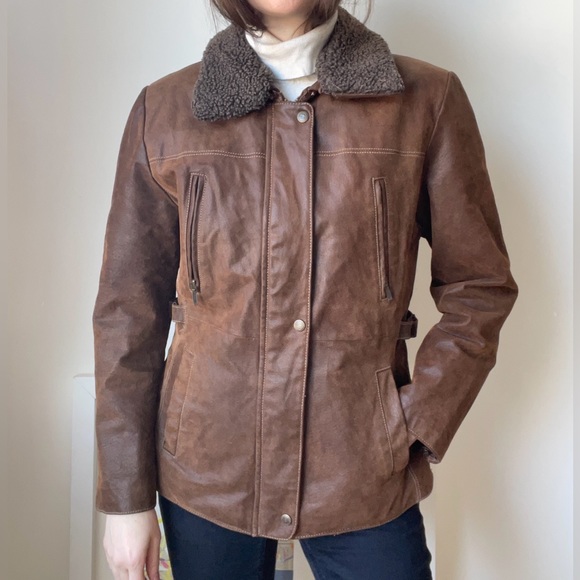 Brown aviator leather jacket / 90’s vintage / approx Large - Picture 4 of 11